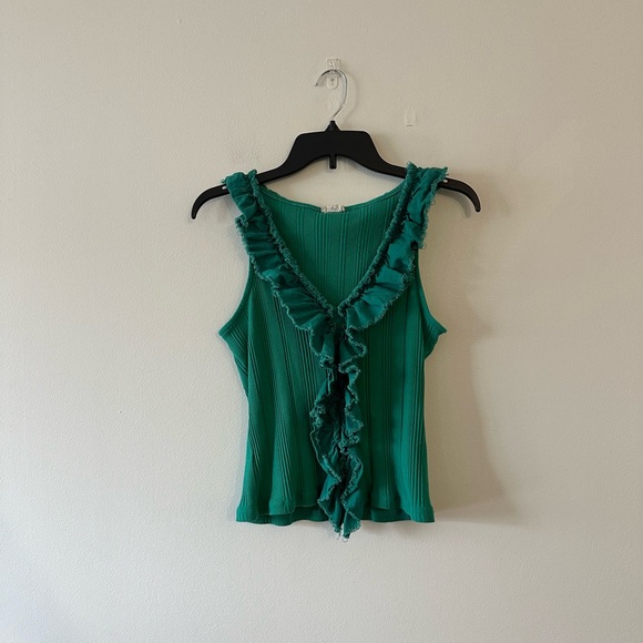 Anthropologie Pilcro Raw Ruffled Sleeveless Top Green Ribbed M - Picture 1 of 7